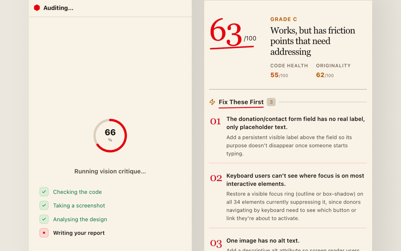 ReadPenn audit running and showing a score, top issues, and prioritized fixes
